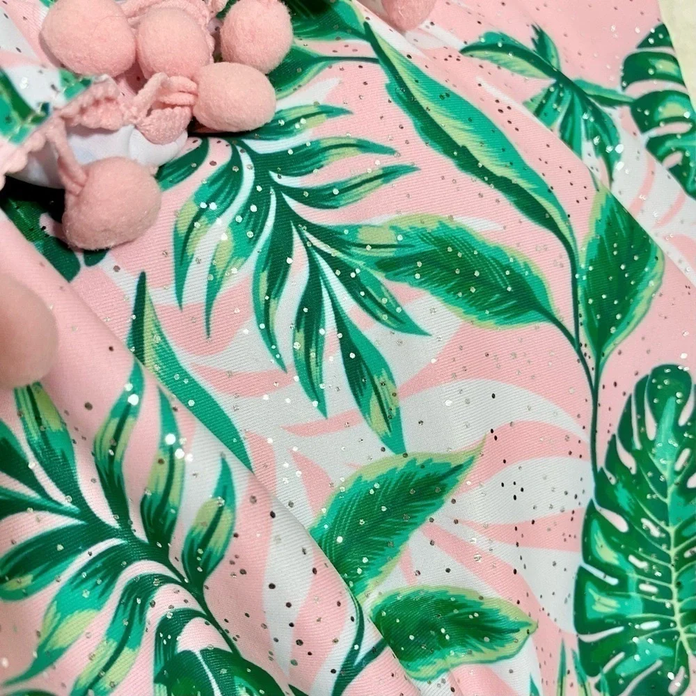 Nicole Miller one piece swimsuit pink w silver glitter green leaf 6x
